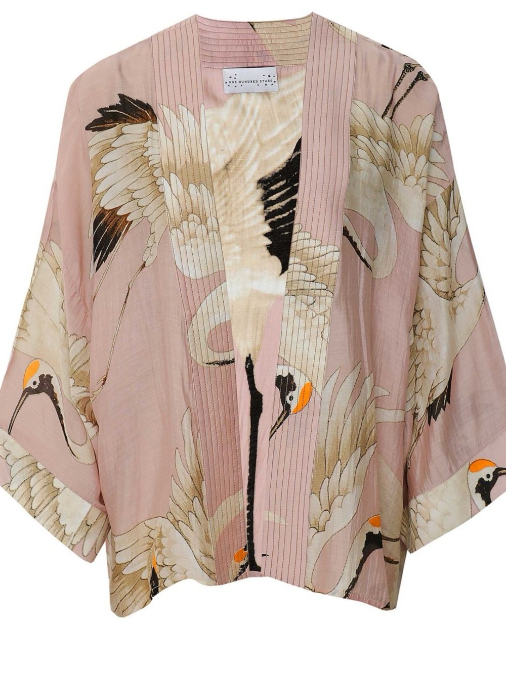 One Hundred Stars Stork Crane Print Pink Kimono Jacket OS